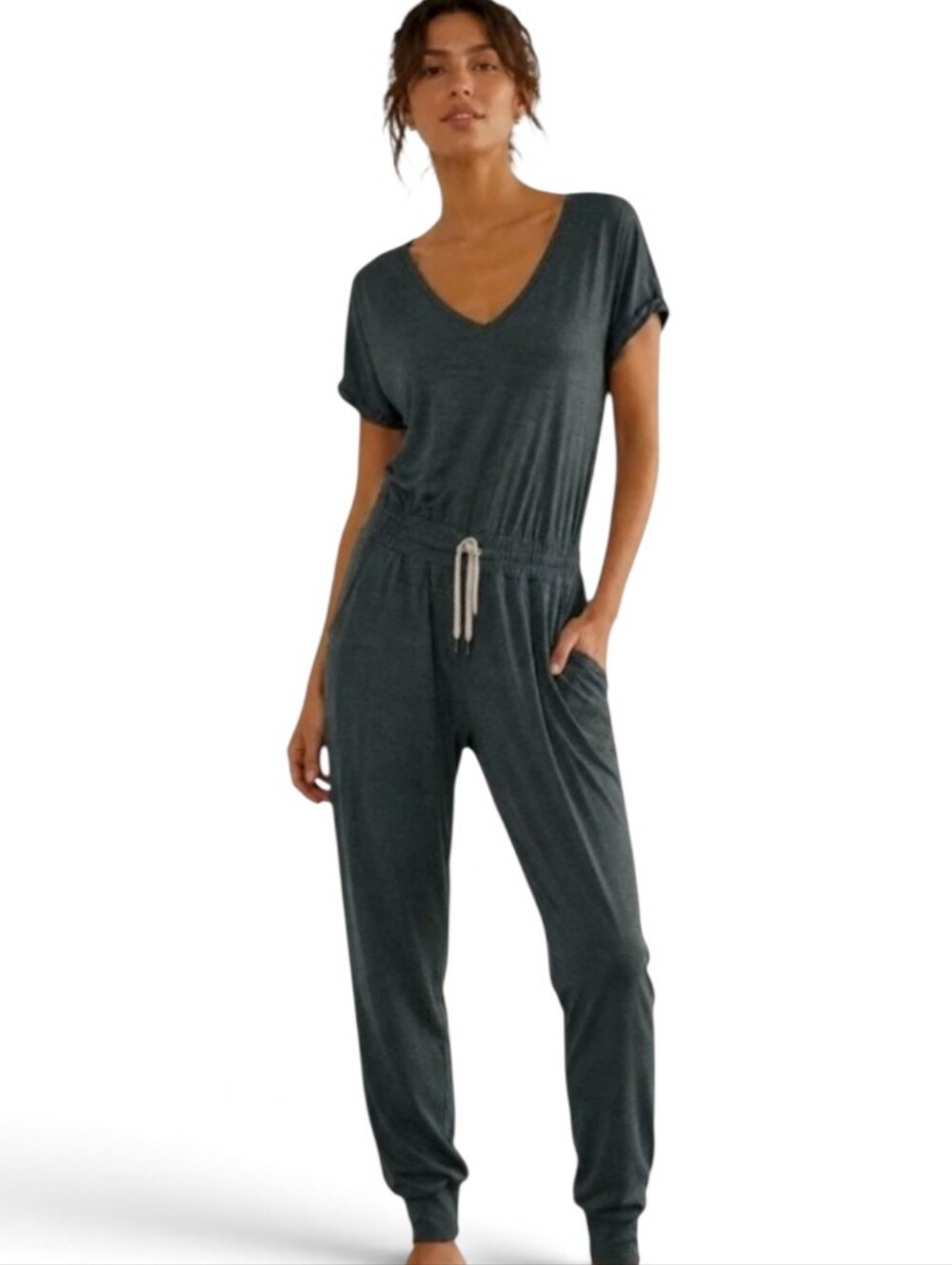 Vuori V-Neck Drawstring Jumpsuit Romper - Heathered Green Size M